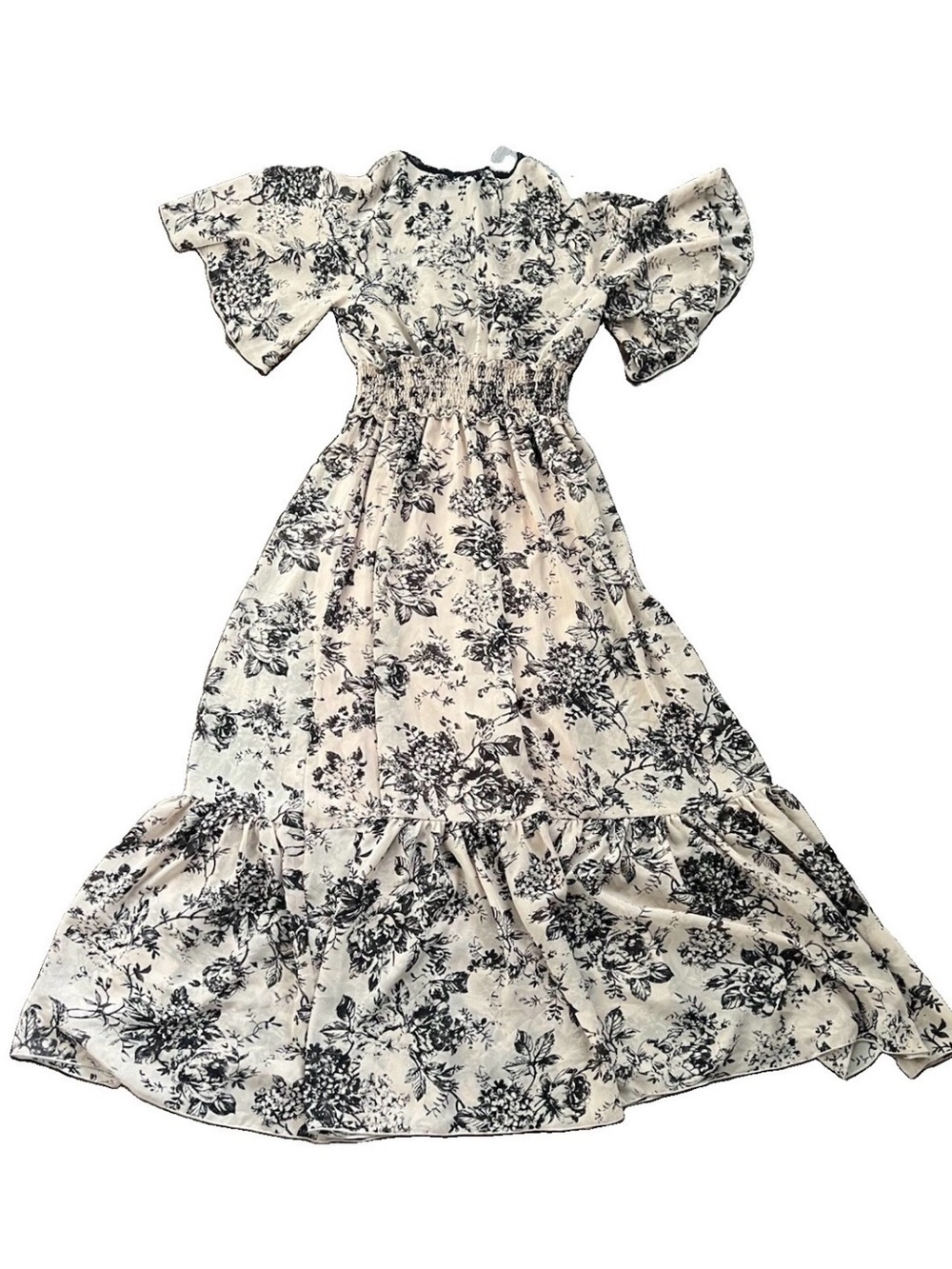 Kate & Lily Black Ivory Floral Smocked Waist Flutter Sleeve Maxi Dress Size 10 - Picture 5 of 13